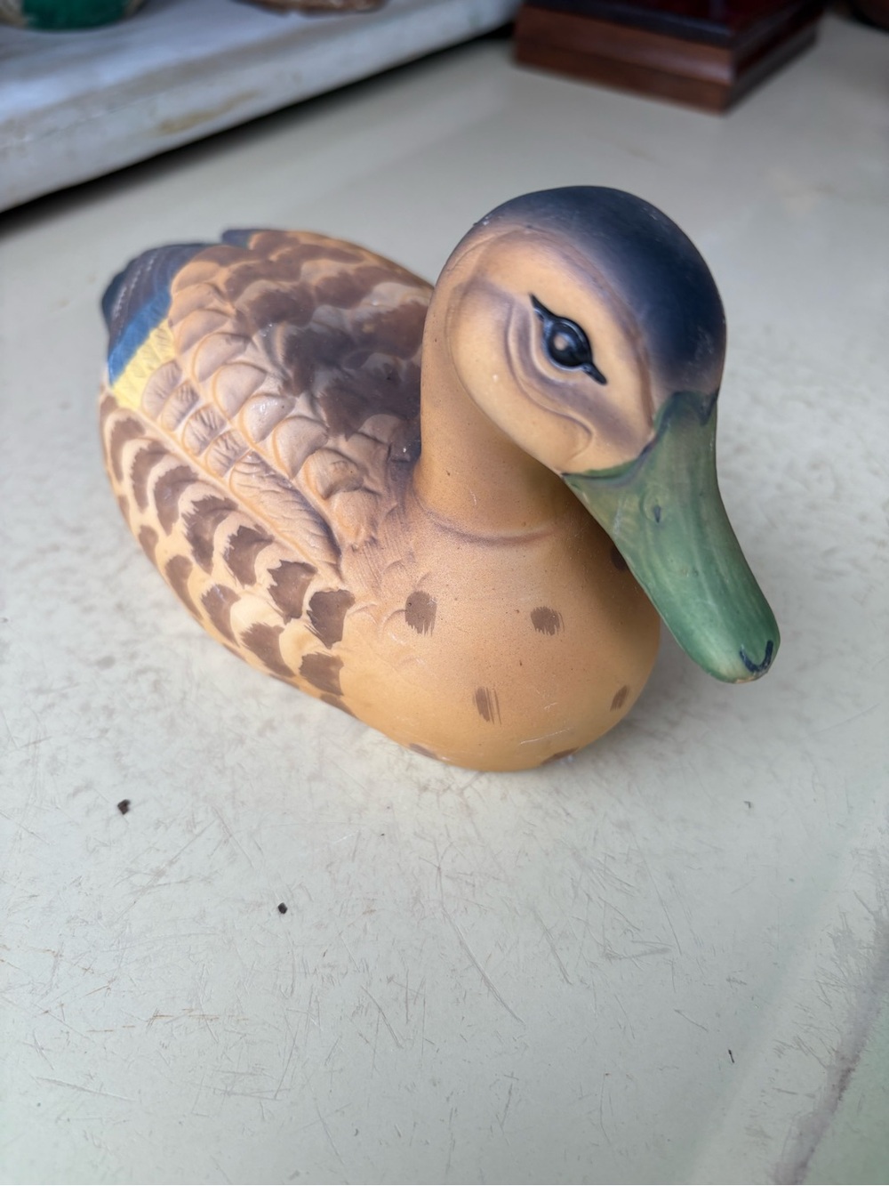 Vintage Hand-Painted Duck Figurine - Green Bill, Brown Body
